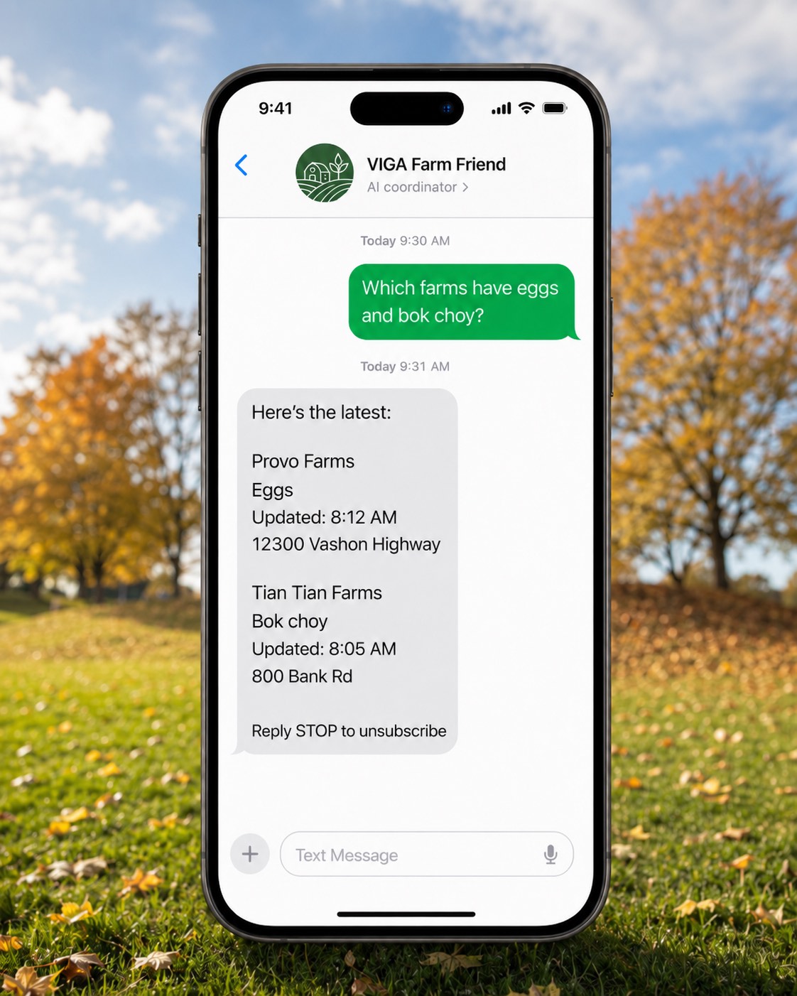 A text message exchange with VIGA Farm Friend. The customer asks which farms have eggs and bok choy. Farm Friend replies that Provo Farms has eggs, updated at 8:12 AM, and Tian Tian Farms has bok choy, updated at 8:05 AM, each with its address.